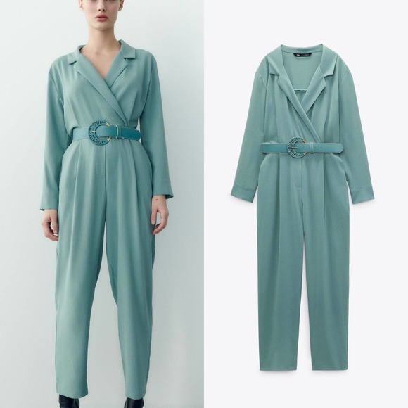 ZARA LONG BELTED JUMPSUIT TURQUOISE BLUE - Picture 13 of 13